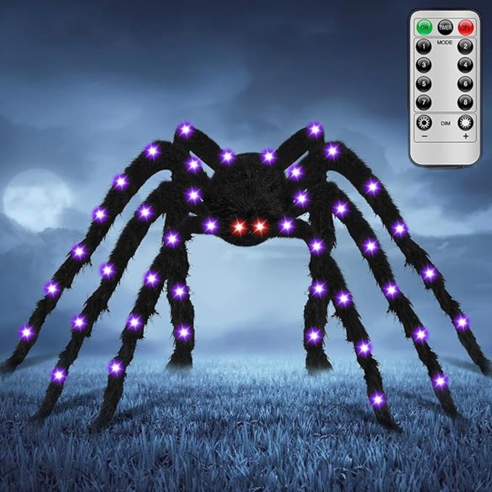 Halloween Light Up Spider 6.6FT Giant Decoration 50 LED Remote Red Eyes Outdoor